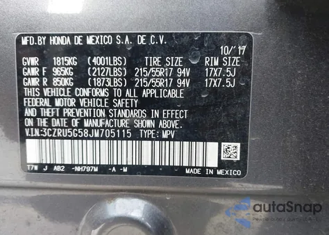 2018 Honda Hr-V Ex z USA, uszkodzony, nr VIN 3CZRU5G58JM705115